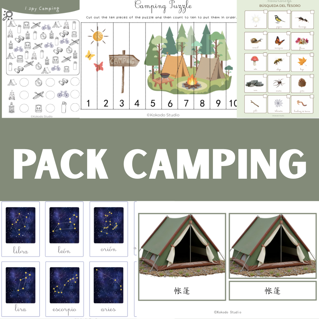 Mega Pack Educativo del Camping y Naturaleza | 8 Actividades Imprimibles Montessori Trilingües, Sensorial y Motricidad