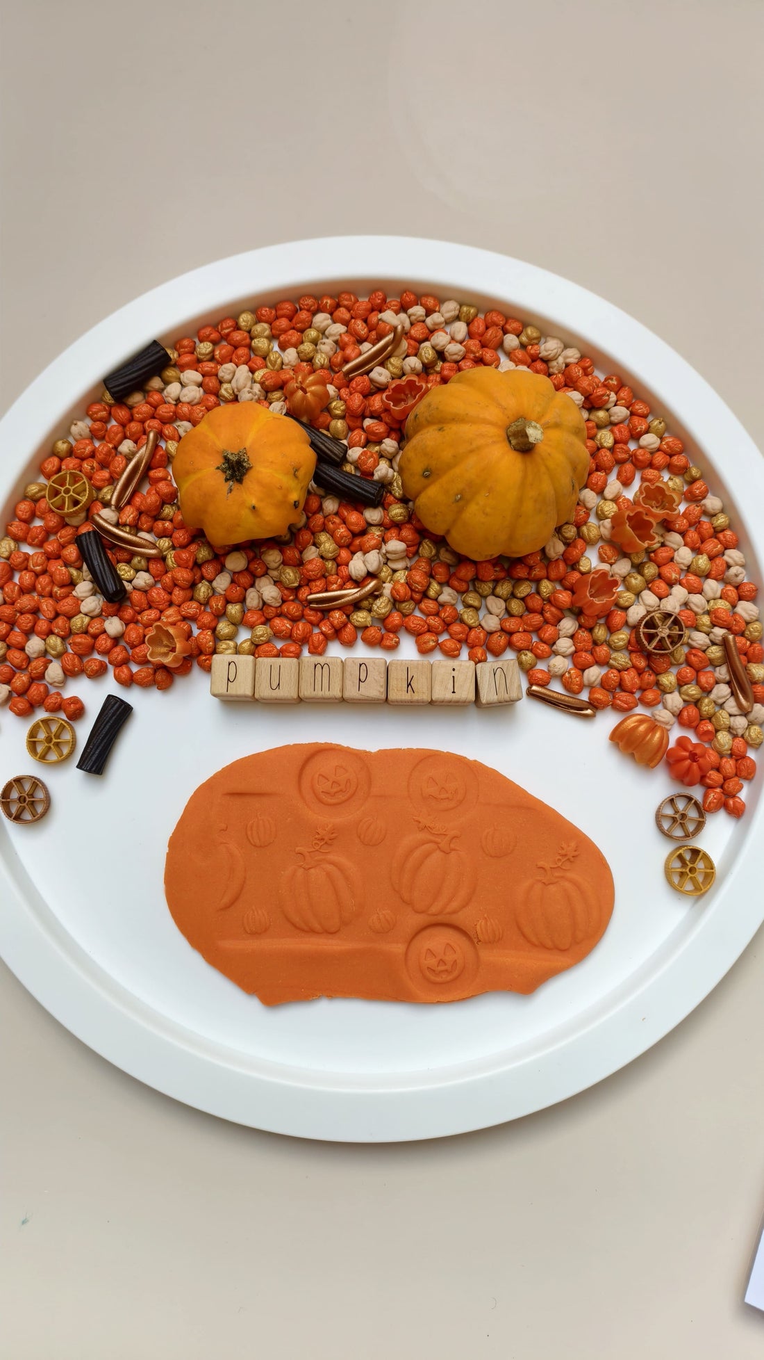 Bandeja sensorial Montessori de otoño: explorando la calabaza