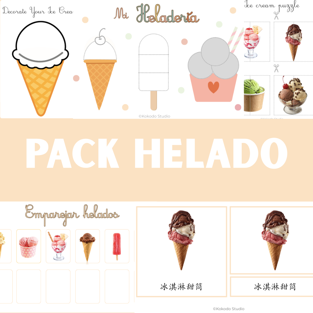 Mega Pack Educativo del Helado | 10 Actividades Imprimibles Montessori (Trilingüe, Sensorial y Motricidad)