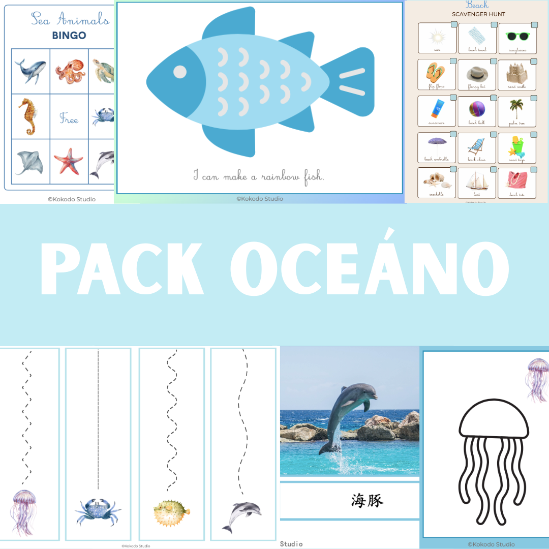 Mega Pack Educativo del Océano | 8 Actividades Imprimibles Montessori Trilingües, Sensorial y Motricidad