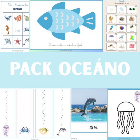 Mega Pack Educativo del Océano | 8 Actividades Imprimibles Montessori Trilingües, Sensorial y Motricidad